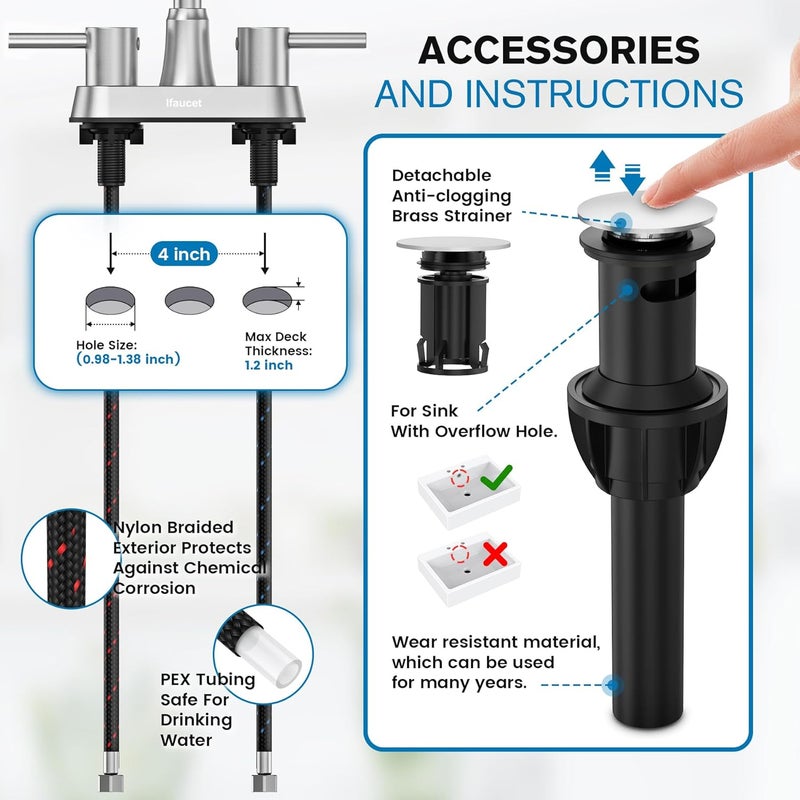 Ifaucet Bathroom Faucets, Bathroom Faucet 3 Hole, Bathroom Sink Faucet, Faucet for Sink 4 Inch 2 Handle Centerset, Lead-Free, with Copper Pop Up Drain (Brushed Nickel) - Image 4